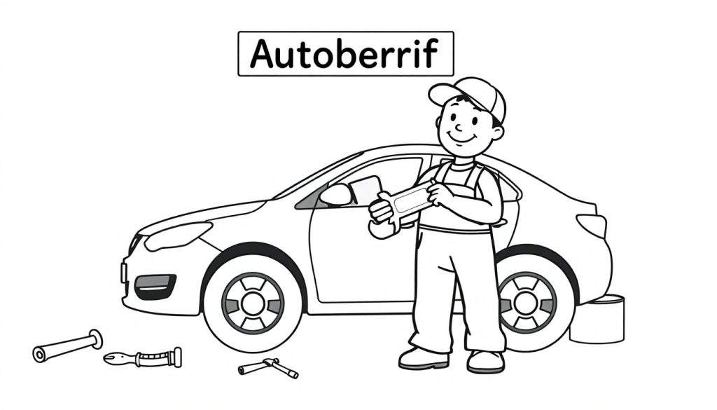 Zwart-wit lijntekening kleurplaat: een lachende automonteur met pet en overall, die een moersleutel vasthoudt, staat naast een eenvoudige auto. Op de grond liggen gereedschappen en een emmer. Bovenin staat 'Autoberrif'.