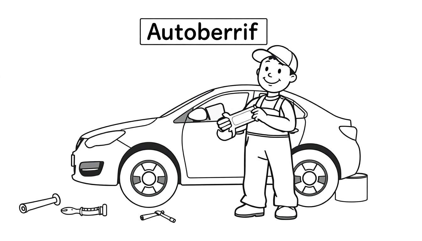 Zwart-wit lijntekening kleurplaat: een lachende automonteur met pet en overall, die een moersleutel vasthoudt, staat naast een eenvoudige auto. Op de grond liggen gereedschappen en een emmer. Bovenin staat 'Autoberrif'.