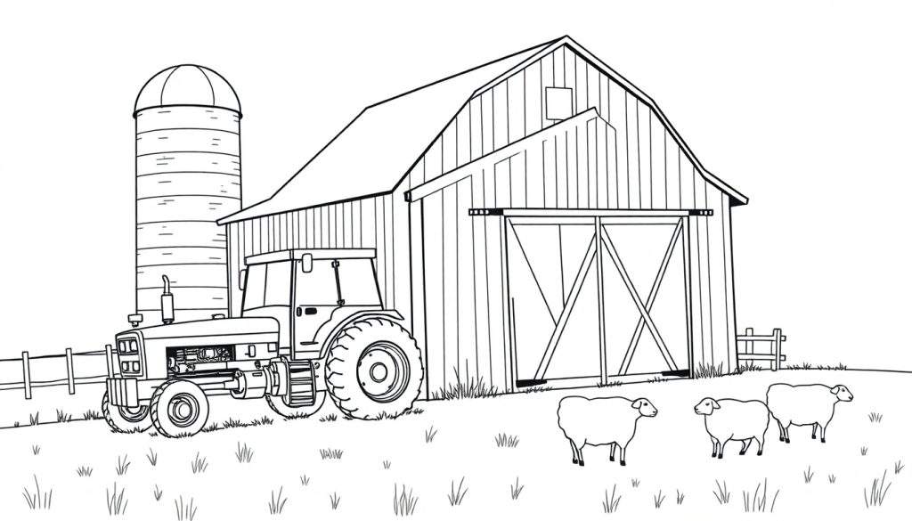 Zwart-wit kleurplaat van een boerderij met een silo, tractor, schuur en schapen in het gras.