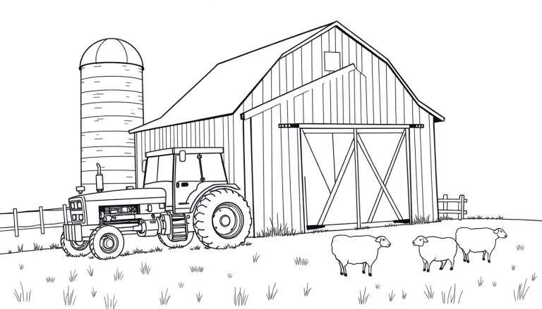 Zwart-wit kleurplaat van een boerderij met een silo, tractor, schuur en schapen in het gras.