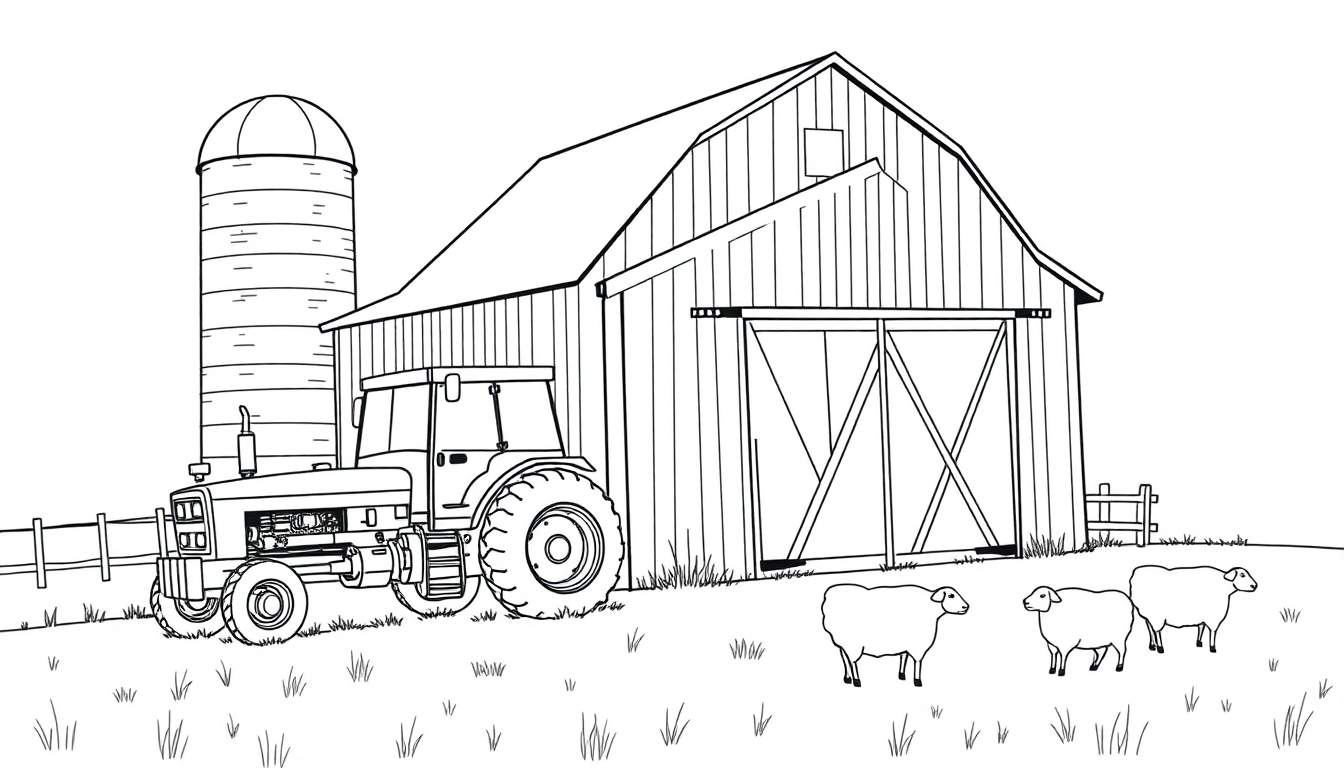 Zwart-wit kleurplaat van een boerderij met een silo, tractor, schuur en schapen in het gras.