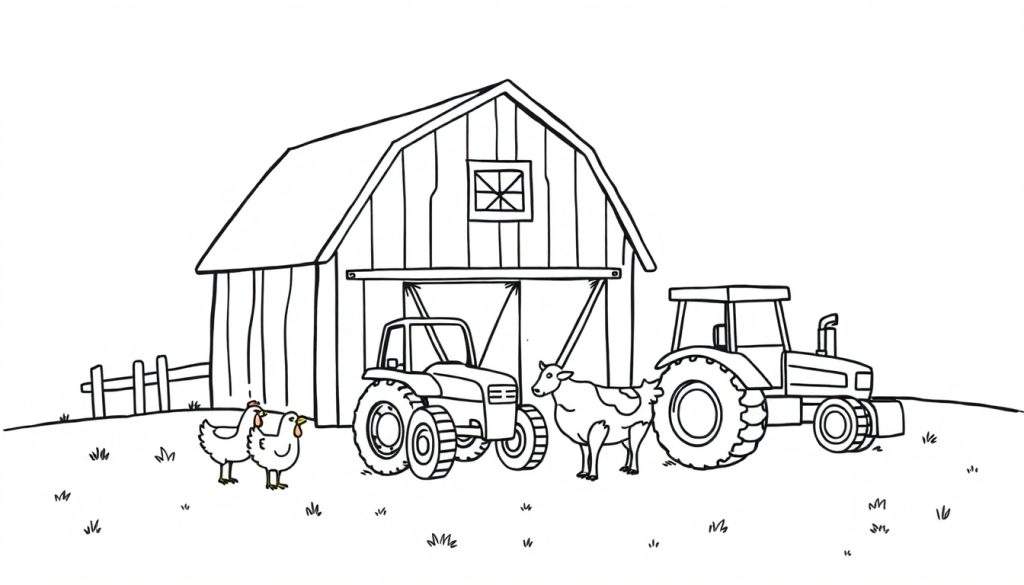 Zwart-wit kleurplaat van een boerderij met schuur, twee tractoren, een koe en twee kippen.