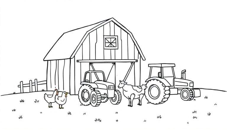 Zwart-wit kleurplaat van een boerderij met schuur, twee tractoren, een koe en twee kippen.