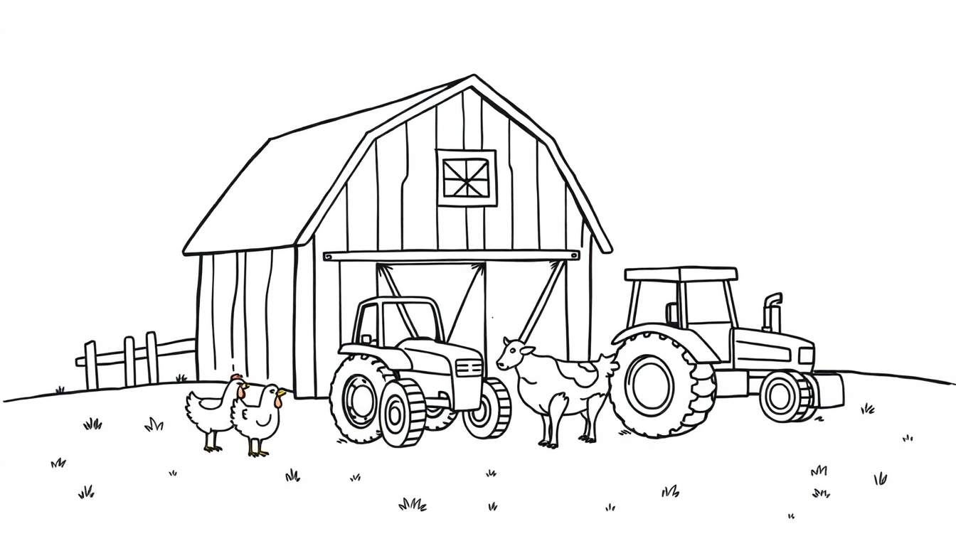 Zwart-wit kleurplaat van een boerderij met schuur, twee tractoren, een koe en twee kippen.