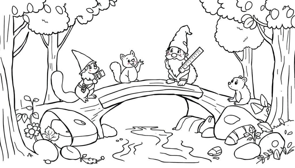 Kleurplaat van een bos met een houten brug, drie gnomes, een zwaaiende eekhoorn en een beertje op een steen.