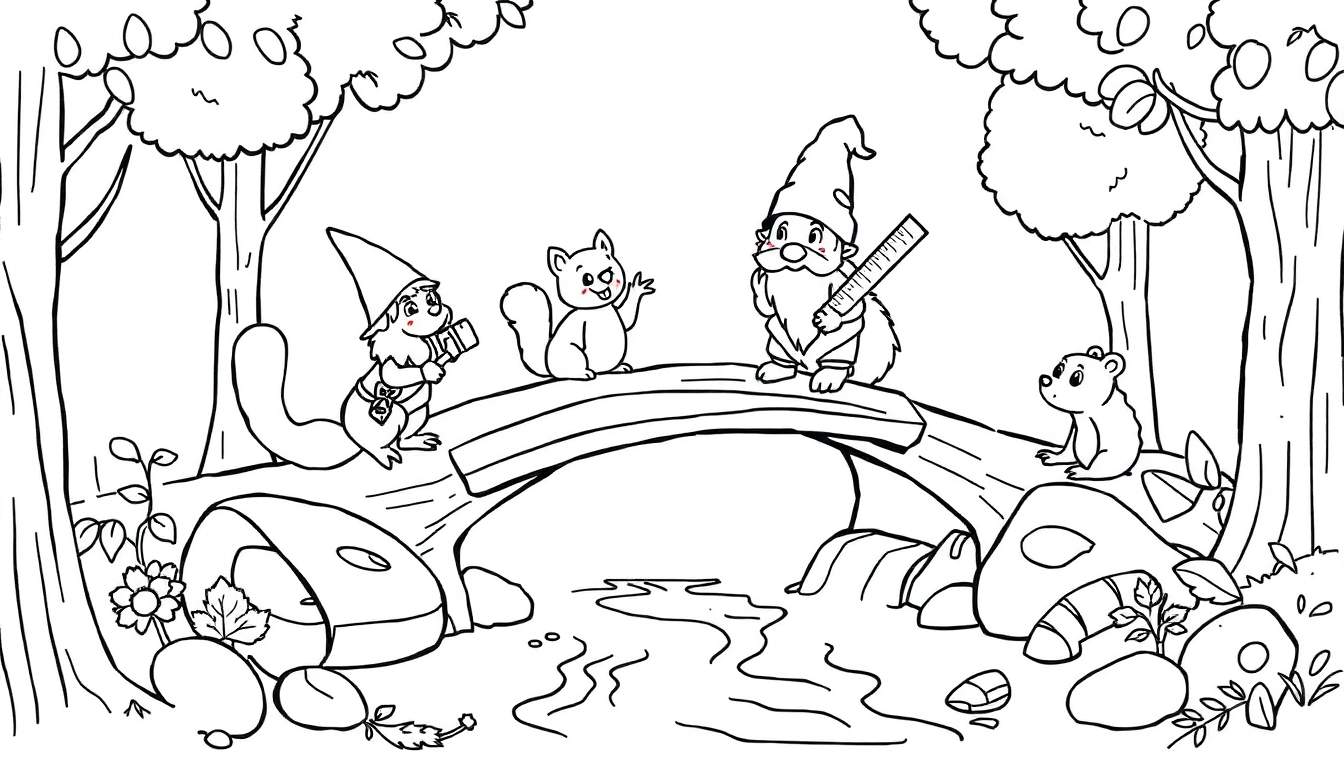 Kleurplaat van een bos met een houten brug, drie gnomes, een zwaaiende eekhoorn en een beertje op een steen.