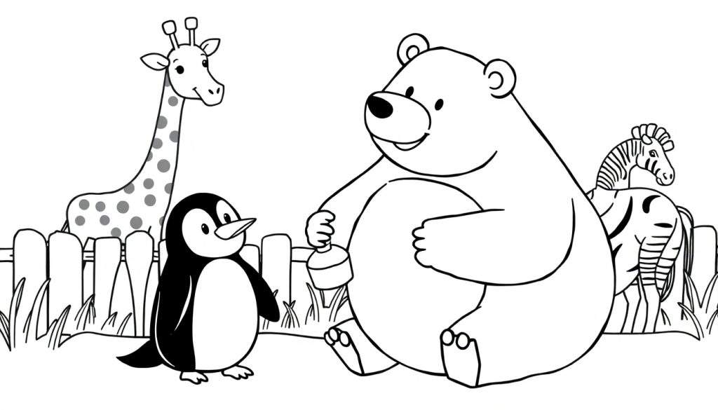 Kleurplaat van een dierentuin met een giraffe, pinguïn, beer en zebra.