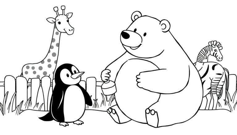 Kleurplaat van een dierentuin met een giraffe, pinguïn, beer en zebra.