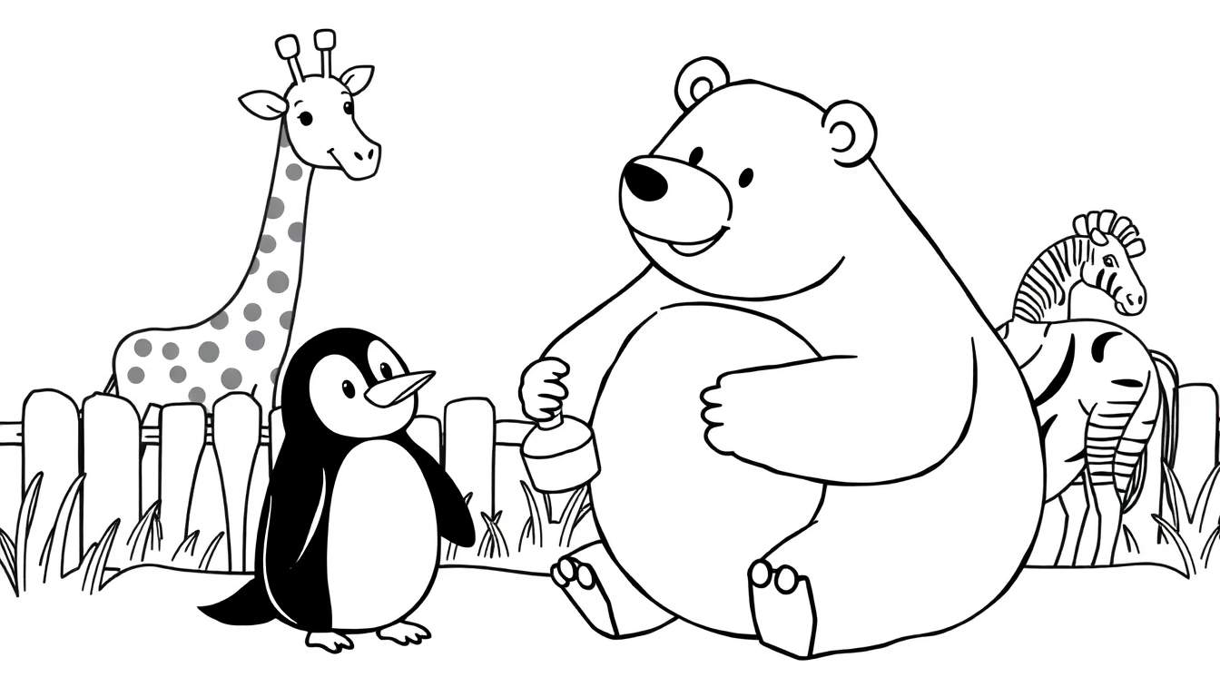 Kleurplaat van een dierentuin met een giraffe, pinguïn, beer en zebra.