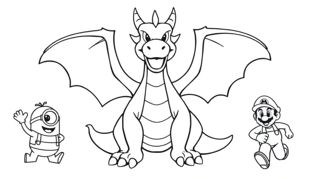 Zwart-wit kleurplaat van een draak, een Minion en Mario die samen rennen.