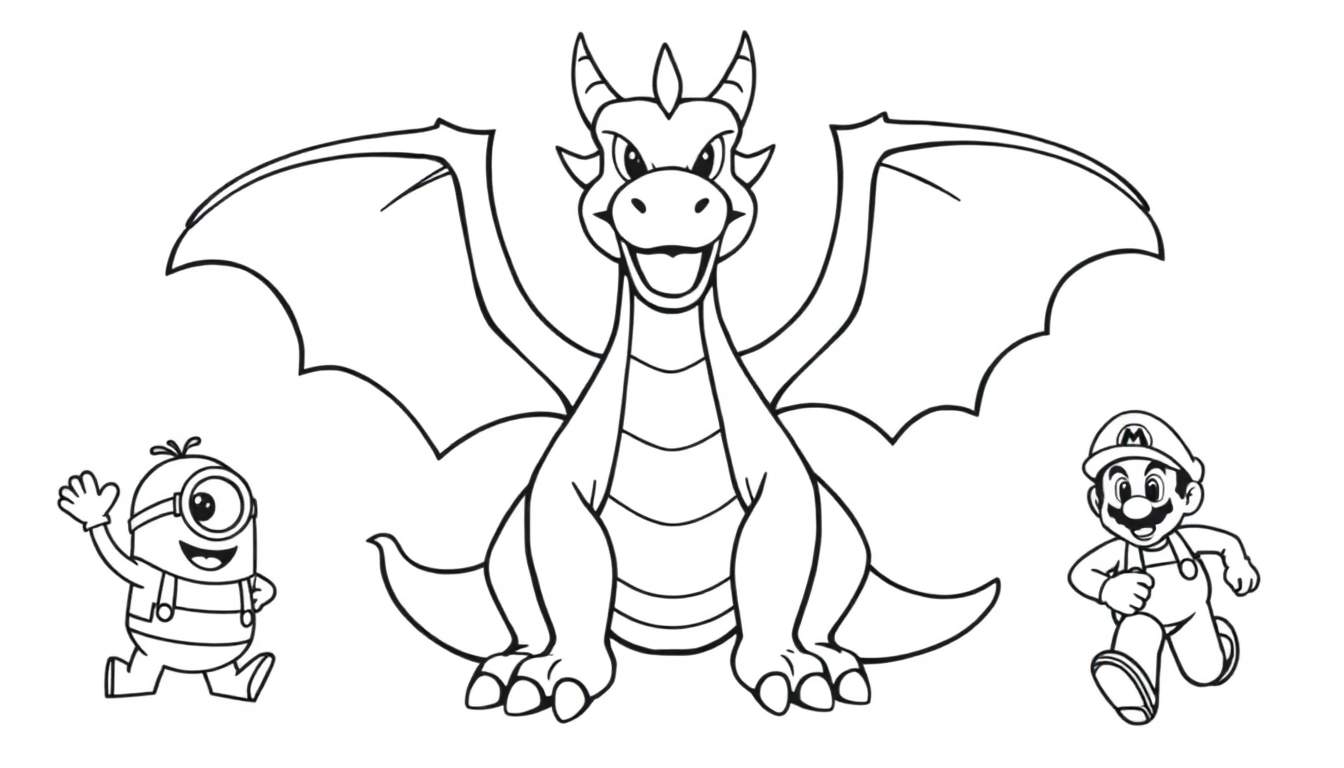 Zwart-wit kleurplaat van een draak, een Minion en Mario die samen rennen.