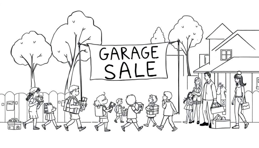 Zwart-wit lijntekening van een garage sale met een groot spandoek, mensen die spullen dragen, een huis en bomen.