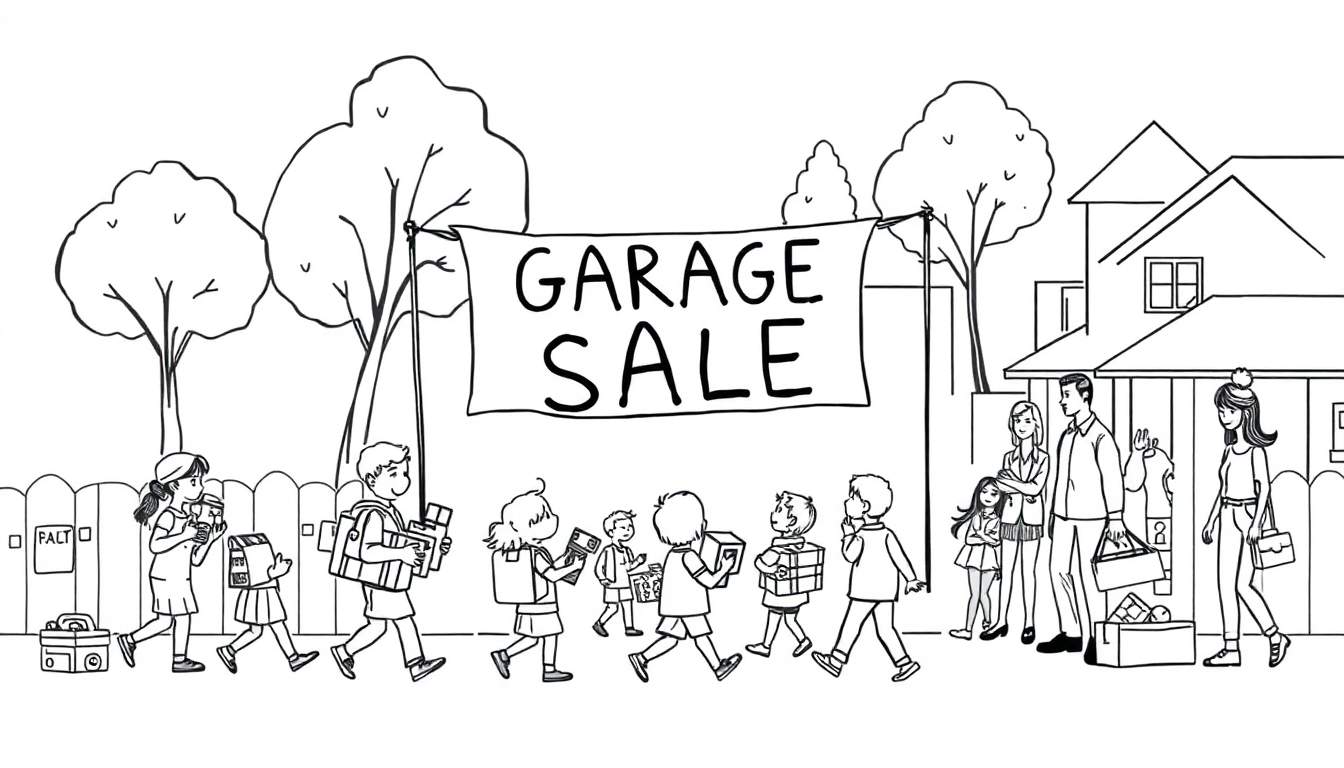 Zwart-wit lijntekening van een garage sale met een groot spandoek, mensen die spullen dragen, een huis en bomen.