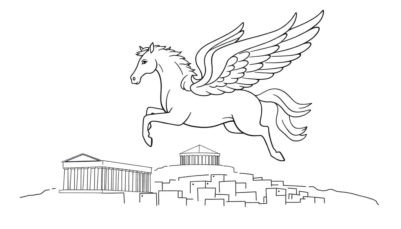 Zwart-witte lijntekening van een gevleugeld paard (Pegasus) dat sierlijk door de lucht vliegt, met op de achtergrond een landschap van oude Griekse architectuur, waaronder een Parthenon-achtige tempel, een ronde tempel en blokvormige huizen.