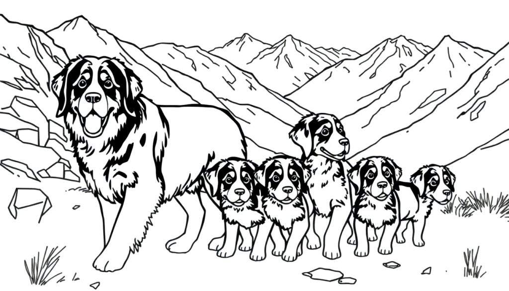 Kleurplaat van een grote Berner Sennenhond met vijf puppy's in een berglandschap met rotsen en gras.