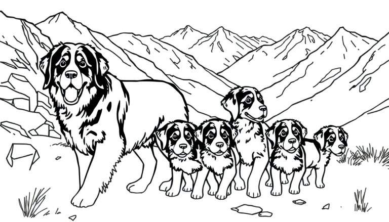 Kleurplaat van een grote Berner Sennenhond met vijf puppy's in een berglandschap met rotsen en gras.