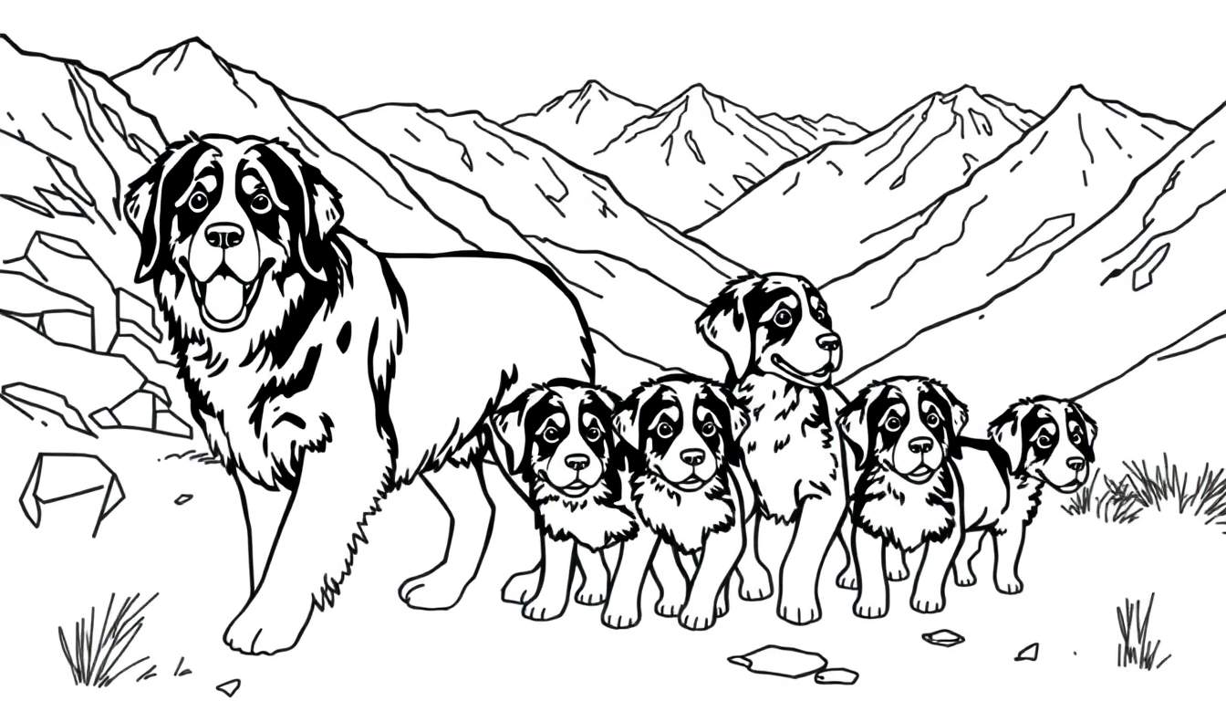 Kleurplaat van een grote Berner Sennenhond met vijf puppy's in een berglandschap met rotsen en gras.