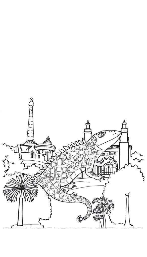 Kleurplaat van een leguaan-achtige hagedis voor een tropisch stadslandschap met palmbomen, struiken en futuristische gebouwen.