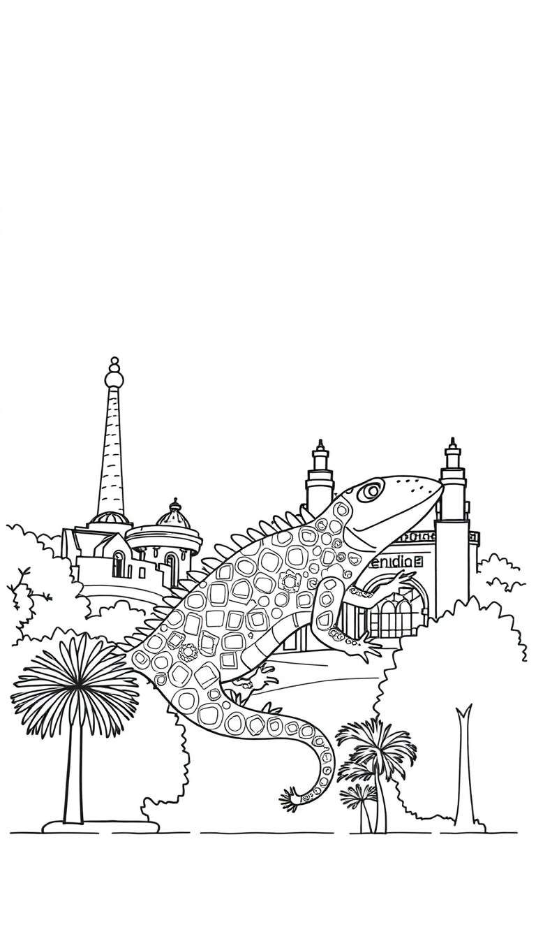 Kleurplaat van een leguaan-achtige hagedis voor een tropisch stadslandschap met palmbomen, struiken en futuristische gebouwen.