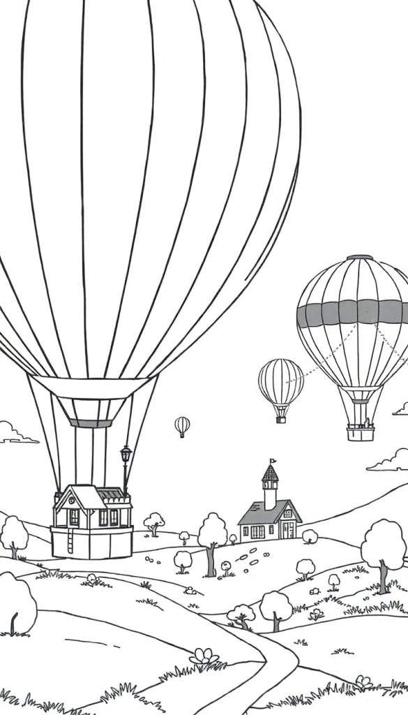 Zwart-wit tekening van een idyllisch landschap met vier heteluchtballonnen. Eén ballon is gevormd als een huisje. Er zijn heuvels, bomen en een pad te zien.
