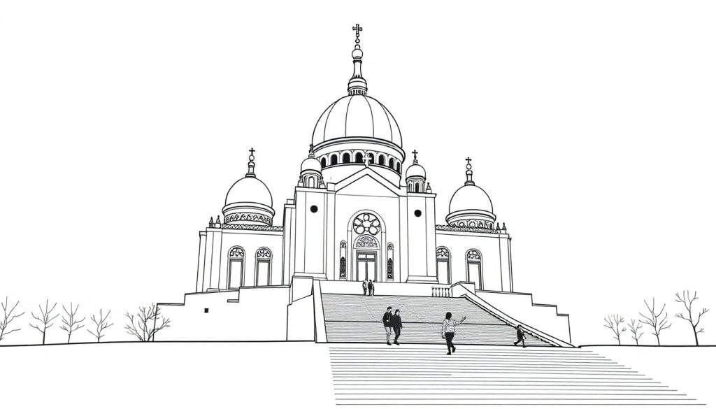 Gedetailleerde zwart-wit lijntekening van een kerk of kathedraal met meerdere koepels, een hoge spits, een roosvenster, een brede trap met figuren en kale bomen.