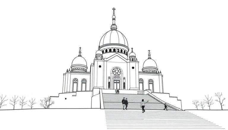 Gedetailleerde zwart-wit lijntekening van een kerk of kathedraal met meerdere koepels, een hoge spits, een roosvenster, een brede trap met figuren en kale bomen.