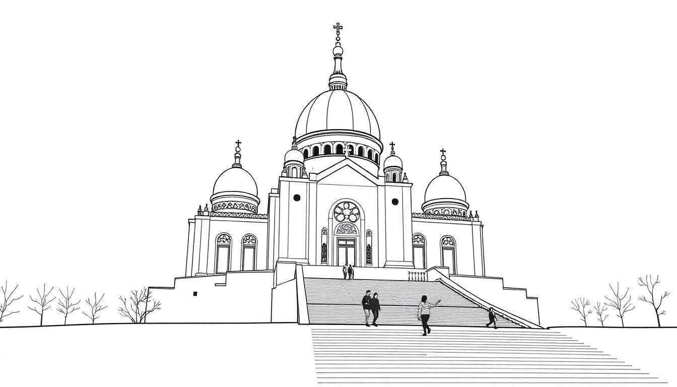 Gedetailleerde zwart-wit lijntekening van een kerk of kathedraal met meerdere koepels, een hoge spits, een roosvenster, een brede trap met figuren en kale bomen.