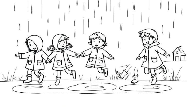 Zwart-wit tekening van vier lachende kinderen in regenjassen en laarzen die vrolijk in waterplassen springen terwijl het regent. Op de achtergrond is een klein huisje te zien.