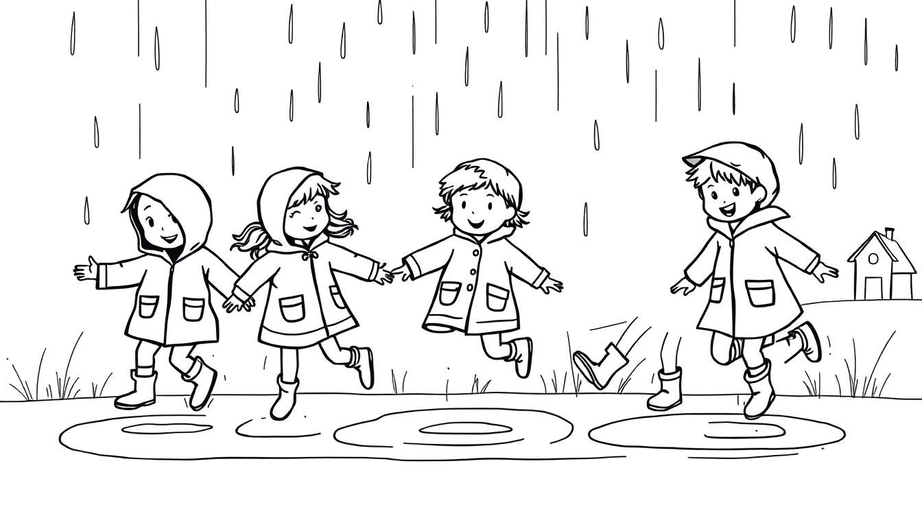 Zwart-wit tekening van vier lachende kinderen in regenjassen en laarzen die vrolijk in waterplassen springen terwijl het regent. Op de achtergrond is een klein huisje te zien.