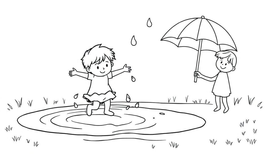 Zwart-wit tekening van twee kinderen die in de regen spelen, één kind springt in een waterplas en het andere houdt een paraplu vast.