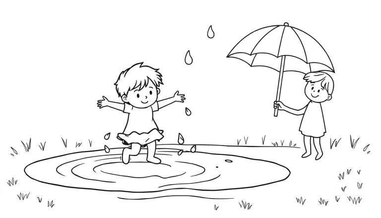Zwart-wit tekening van twee kinderen die in de regen spelen, één kind springt in een waterplas en het andere houdt een paraplu vast.