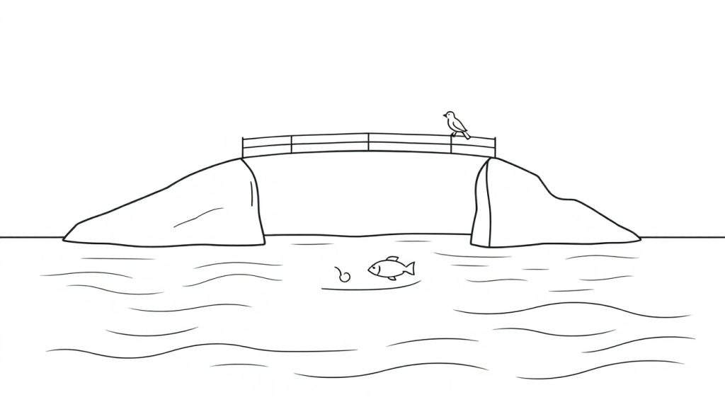 Een zwart-witte lijntekening van een landschap met een brug, een vogel op de reling, water met een vis en aas.