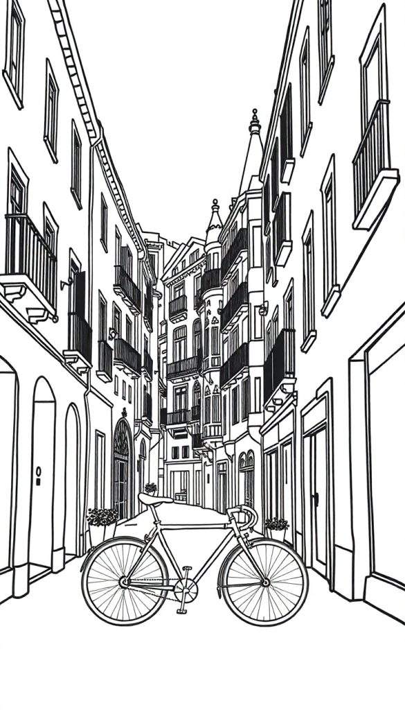 Zwart-wit lijntekening van een smalle, sfeervolle straat met een fiets op de voorgrond en gedetailleerde gebouwen met balkons aan weerszijden.