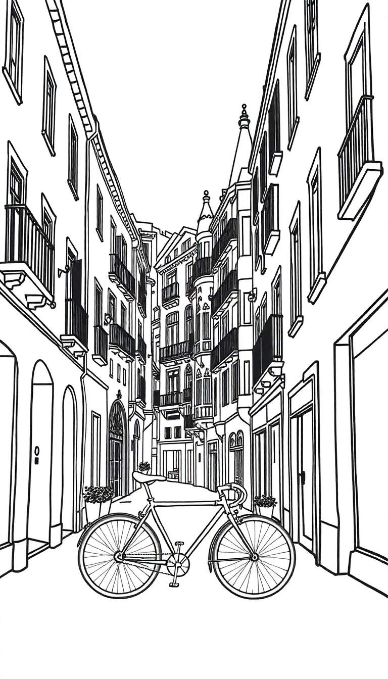 Zwart-wit lijntekening van een smalle, sfeervolle straat met een fiets op de voorgrond en gedetailleerde gebouwen met balkons aan weerszijden.