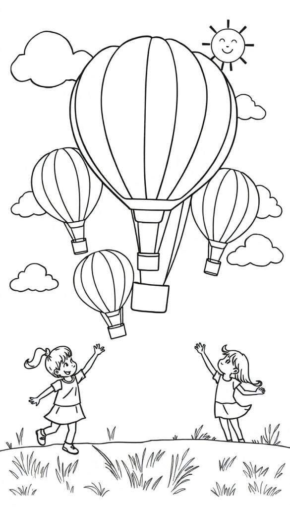 Kleurplaat van twee lachende meisjes met hun armen omhoog, kijkend naar vier luchtballonnen in de lucht.