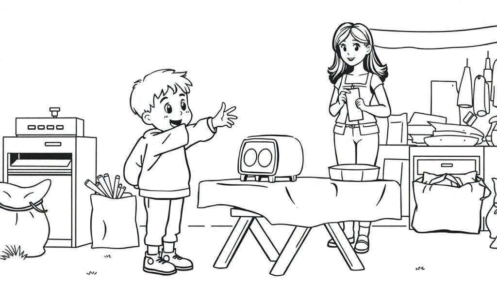 Kleurplaat: jongen met stekelig haar lachend, vrouw met golvend haar met notitieblok, tafel met broodrooster, kraam met spullen, marktsetting.