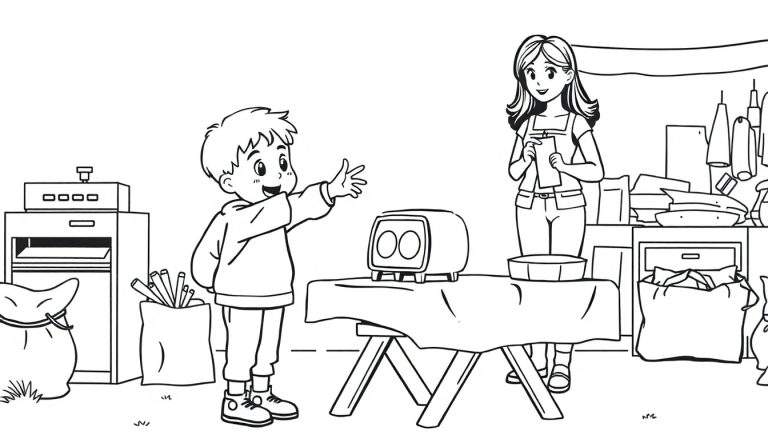 Kleurplaat: jongen met stekelig haar lachend, vrouw met golvend haar met notitieblok, tafel met broodrooster, kraam met spullen, marktsetting.