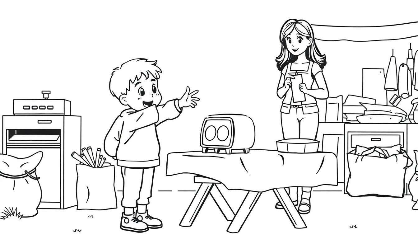 Kleurplaat: jongen met stekelig haar lachend, vrouw met golvend haar met notitieblok, tafel met broodrooster, kraam met spullen, marktsetting.