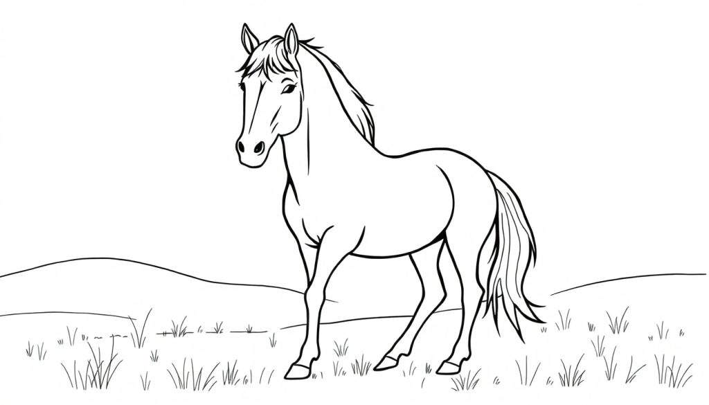 Zwart-wit lijntekening van een paard in een veld, klaar om ingekleurd te worden.