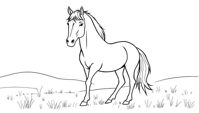 Zwart-wit lijntekening van een paard in een veld, klaar om ingekleurd te worden.