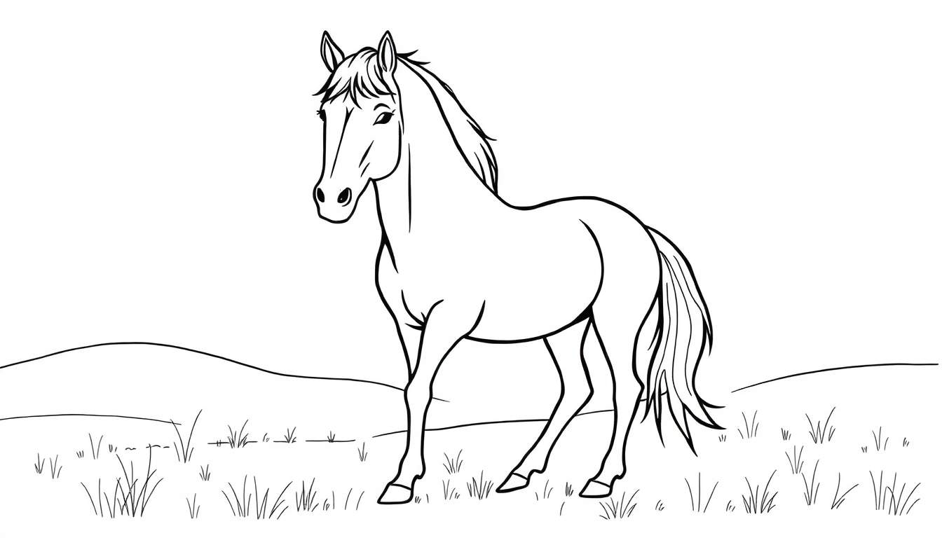 Zwart-wit lijntekening van een paard in een veld, klaar om ingekleurd te worden.