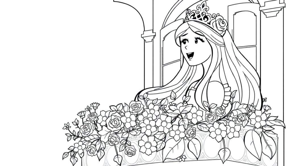 Lijntekening van een blij uitziende prinses met kroon, die uit een sierlijk balkon vol bloemen kijkt.