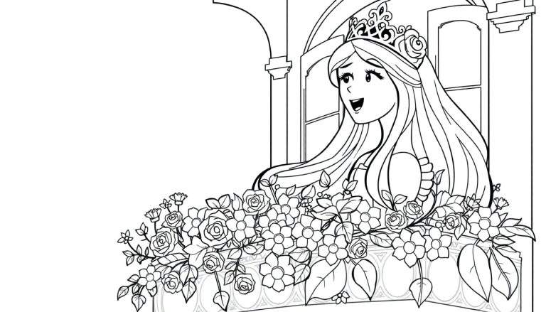Lijntekening van een blij uitziende prinses met kroon, die uit een sierlijk balkon vol bloemen kijkt.