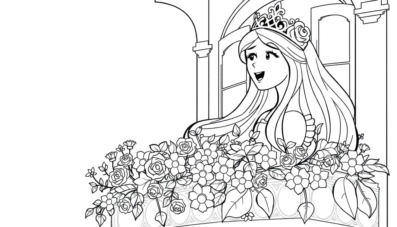 Lijntekening van een blij uitziende prinses met kroon, die uit een sierlijk balkon vol bloemen kijkt.