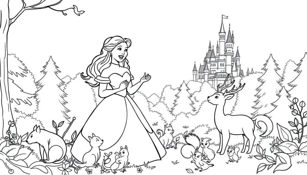 Zwart-wit kleurplaat van een prinses die met haar handen gebaart in een bos, met eekhoorns, muisjes, een hert en een kasteel op de achtergrond.