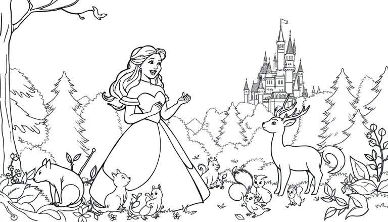 Zwart-wit kleurplaat van een prinses die met haar handen gebaart in een bos, met eekhoorns, muisjes, een hert en een kasteel op de achtergrond.