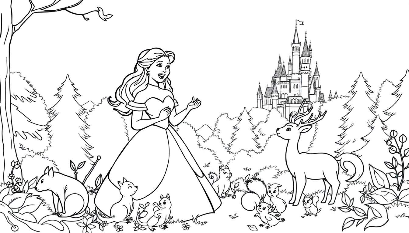 Zwart-wit kleurplaat van een prinses die met haar handen gebaart in een bos, met eekhoorns, muisjes, een hert en een kasteel op de achtergrond.