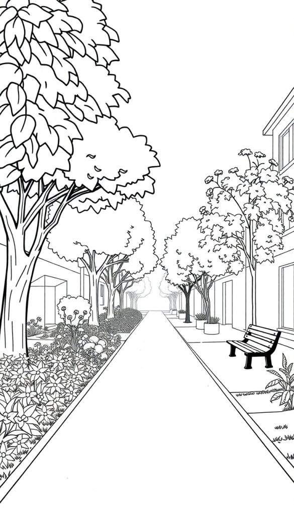 Kleurplaat van een promenade met bomenrijen, bloemen, een parkbankje en gebouwen op de achtergrond, in perspectief getekend.