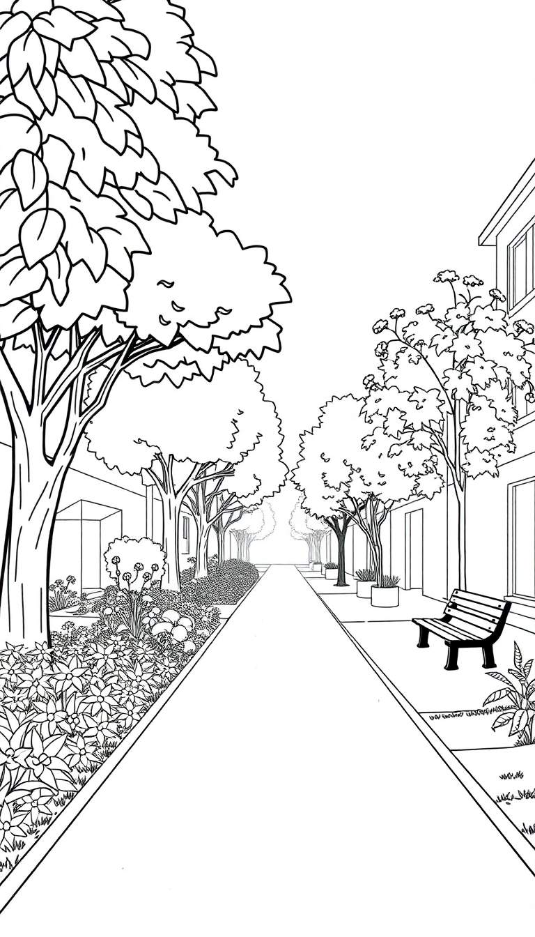 Kleurplaat van een promenade met bomenrijen, bloemen, een parkbankje en gebouwen op de achtergrond, in perspectief getekend.