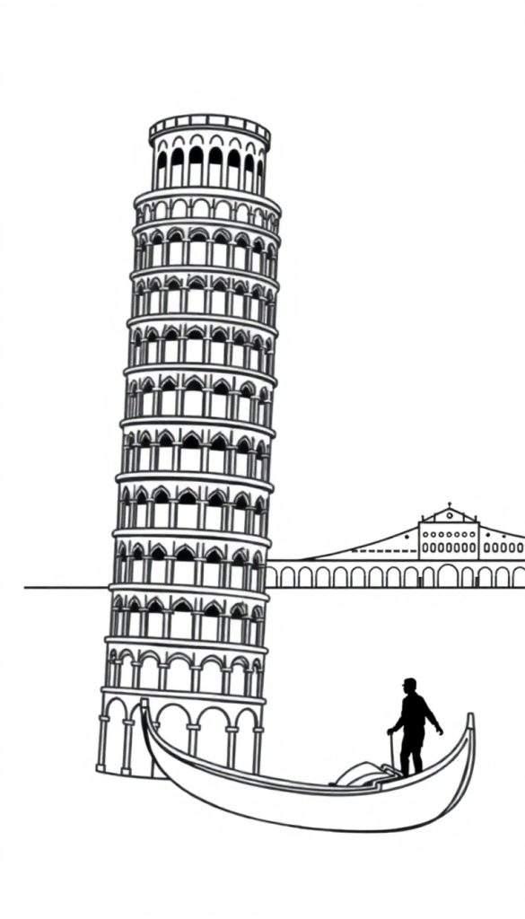 Zwart-wit lijntekening kleurplaat van de Scheve Toren van Pisa, een gondel met gondelier en de Rialtobrug, geplaatst in een waterlandschap.